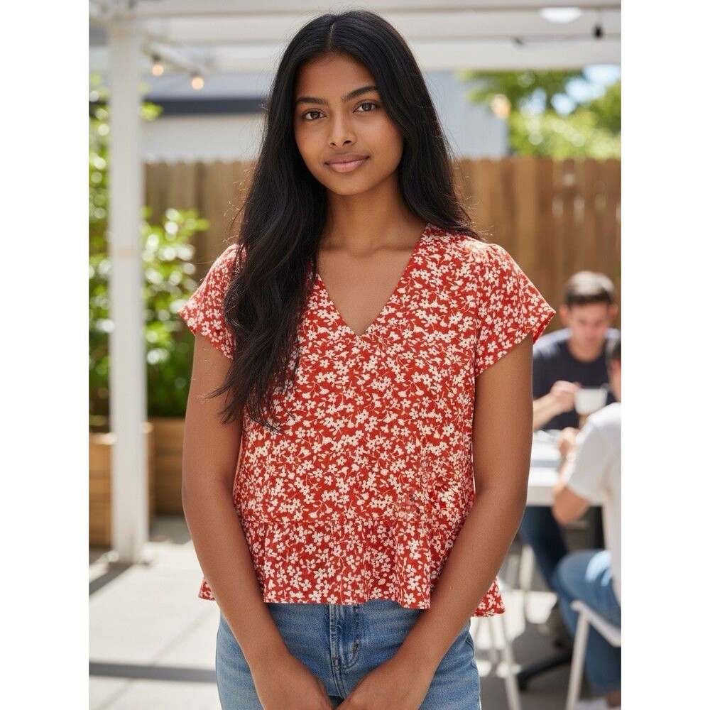 J.Crew Mercantile Women Floral Peplum Blouse‎ V-Neck Short Sleeve Red White XS